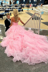 Pink Organza Senior Prom Dress With Beaded Neck&Shoulders, AST1551 Pink Organza Senior Prom Dress With Beaded Neck&Shoulders, AST1551