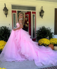 Pink Organza Senior Prom Dress With Beaded Neck&Shoulders, AST1551 Pink Organza Senior Prom Dress With Beaded Neck&Shoulders, AST1551