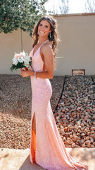 Pink Sequin Mermaid Long Evening Prom Dress, Backless Party Formal Gown, AST1546 Pink Sequin Mermaid Long Evening Prom Dress, Backless Party Formal Gown, AST1546