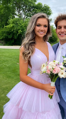 Pink V-Neck Tulle Prom Dresses, Ruffle Floor Length Evening Party Gown, AST1566 Pink V-Neck Tulle Prom Dresses, Ruffle Floor Length Evening Party Gown, AST1566