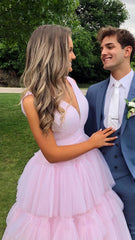 Pink V-Neck Tulle Prom Dresses, Ruffle Floor Length Evening Party Gown, AST1566 Pink V-Neck Tulle Prom Dresses, Ruffle Floor Length Evening Party Gown, AST1566