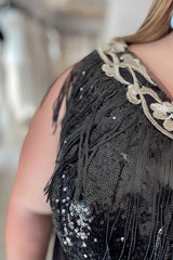 Plus Size Friendly Black Sequin Lace Long Prom Dress Split Formal Gown, AST1512 Plus Size Friendly Black Sequin Lace Long Prom Dress Split Formal Gown, AST1512