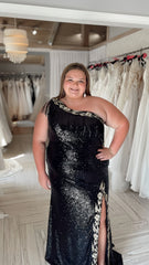 Plus Size Friendly Black Sequin Lace Long Prom Dress Split Formal Gown, AST1512 Plus Size Friendly Black Sequin Lace Long Prom Dress Split Formal Gown, AST1512