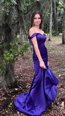 Purple Mermaid Satin Prom Dresses Off The Shoulder Formal Gown, AST1462 Purple Mermaid Satin Prom Dresses Off The Shoulder Formal Gown, AST1462