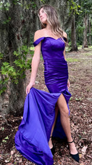 Purple Mermaid Satin Prom Dresses Off The Shoulder Formal Gown, AST1462 Purple Mermaid Satin Prom Dresses Off The Shoulder Formal Gown, AST1462