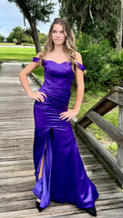 Purple Mermaid Satin Prom Dresses Off The Shoulder Formal Gown, AST1462 Purple Mermaid Satin Prom Dresses Off The Shoulder Formal Gown, AST1462