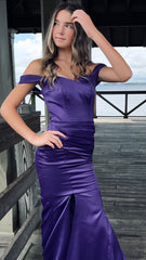 Purple Mermaid Satin Prom Dresses Off The Shoulder Formal Gown, AST1462 Purple Mermaid Satin Prom Dresses Off The Shoulder Formal Gown, AST1462