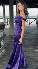 Purple Mermaid Satin Prom Dresses Off The Shoulder Formal Gown, AST1462 Purple Mermaid Satin Prom Dresses Off The Shoulder Formal Gown, AST1462