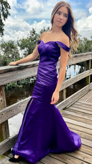 Purple Mermaid Satin Prom Dresses Off The Shoulder Formal Gown, AST1462 Purple Mermaid Satin Prom Dresses Off The Shoulder Formal Gown, AST1462