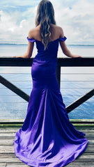 Purple Mermaid Satin Prom Dresses Off The Shoulder Formal Gown, AST1462 Purple Mermaid Satin Prom Dresses Off The Shoulder Formal Gown, AST1462