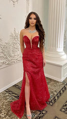 Red Sequins Split Long Evening Prom Dresses, AST1574 Red Sequins Split Long Evening Prom Dresses, AST1574