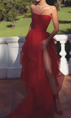 Red Strapless Tulle Party Formal Gown, Ruffle Prom Evening Dress, AST1527 Red Strapless Tulle Party Formal Gown, Ruffle Prom Evening Dress, AST1527