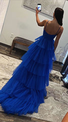 Royal Blue Halter Ruffle Long Evening Prom Dress, AST1562 Royal Blue Halter Ruffle Long Evening Prom Dress, AST1562