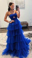 Royal Blue Halter Ruffle Long Evening Prom Dress, AST1562 Royal Blue Halter Ruffle Long Evening Prom Dress, AST1562