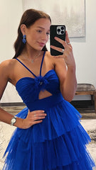 Royal Blue Halter Ruffle Long Evening Prom Dress, AST1562 Royal Blue Halter Ruffle Long Evening Prom Dress, AST1562