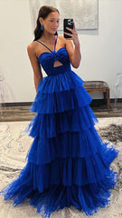 Royal Blue Halter Ruffle Long Evening Prom Dress, AST1562 Royal Blue Halter Ruffle Long Evening Prom Dress, AST1562
