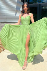 Green Twist-Front Pleated Prom Dress with Slit,AST1256 Green Twist-Front Pleated Prom Dress with Slit,AST1256
