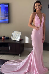 Sexy Light Pink Deep V-Neck Mermaid Prom Dresses With Sweep Train, AST1486 Sexy Light Pink Deep V-Neck Mermaid Prom Dresses With Sweep Train, AST1486