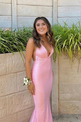 Sexy Light Pink Deep V-Neck Mermaid Prom Dresses With Sweep Train, AST1486 Sexy Light Pink Deep V-Neck Mermaid Prom Dresses With Sweep Train, AST1486
