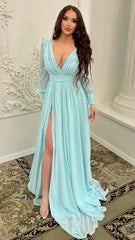 Sexy V-Neck Chiffon Long Prom Dresses, Split A-Line Evening Gown, AST1572 Sexy V-Neck Chiffon Long Prom Dresses, Split A-Line Evening Gown, AST1572