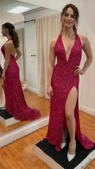 Sexy V-Neck Halter Prom Dresses With Split,AST1641 Sexy V-Neck Halter Prom Dresses With Split,AST1641