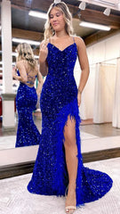 Sexy V-neck Feather Prom Dress, Split Sequin Evening Gown,AST1630 Sexy V-neck Feather Prom Dress, Split Sequin Evening Gown,AST1630