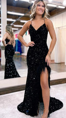 Sexy V-neck Feather Prom Dress, Split Sequin Evening Gown,AST1630 Sexy V-neck Feather Prom Dress, Split Sequin Evening Gown,AST1630