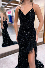 Sexy V-neck Feather Prom Dress, Split Sequin Evening Gown,AST1630 Sexy V-neck Feather Prom Dress, Split Sequin Evening Gown,AST1630