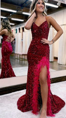 Sexy V-neck Feather Prom Dress, Split Sequin Evening Gown,AST1630 Sexy V-neck Feather Prom Dress, Split Sequin Evening Gown,AST1630