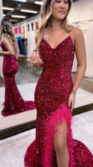 Sexy V-neck Feather Prom Dress, Split Sequin Evening Gown,AST1630 Sexy V-neck Feather Prom Dress, Split Sequin Evening Gown,AST1630