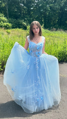 Sky Blue 3D Flowers Long Evening Prom Dress, A-Line Tulle Formal Gown, AST1480 Sky Blue 3D Flowers Long Evening Prom Dress, A-Line Tulle Formal Gown, AST1480