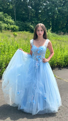 Sky Blue 3D Flowers Long Evening Prom Dress, A-Line Tulle Formal Gown, AST1480 Sky Blue 3D Flowers Long Evening Prom Dress, A-Line Tulle Formal Gown, AST1480