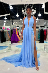 Sky Blue Halter Evening Prom Dresses V-Neck Formal Gown With Slit, AST1463 Sky Blue Halter Evening Prom Dresses V-Neck Formal Gown With Slit, AST1463