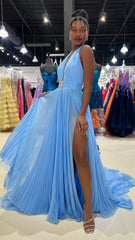 Sky Blue Halter Evening Prom Dresses V-Neck Formal Gown With Slit, AST1463 Sky Blue Halter Evening Prom Dresses V-Neck Formal Gown With Slit, AST1463