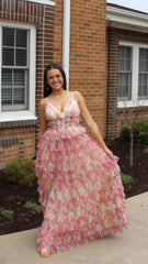 Spaghetti Straps Floral Ruffle Prom Dress, Long Graduation Dress,AST1612 Spaghetti Straps Floral Ruffle Prom Dress, Long Graduation Dress,AST1612
