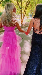 Spaghetti Straps Pink Tiered Evening Prom Dress,AST1625 Spaghetti Straps Pink Tiered Evening Prom Dress,AST1625