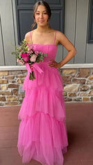 Spaghetti Straps Pink Tiered Evening Prom Dress,AST1625 Spaghetti Straps Pink Tiered Evening Prom Dress,AST1625