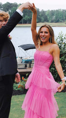 Spaghetti Straps Pink Tiered Evening Prom Dress,AST1625 Spaghetti Straps Pink Tiered Evening Prom Dress,AST1625