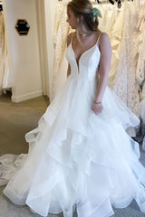 Spaghetti Straps White Ruffles Wedding Dress, A-Line Tulle Party Dress, AST1594 Spaghetti Straps White Ruffles Wedding Dress, A-Line Tulle Party Dress, AST1594