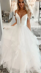 Spaghetti Straps White Ruffles Wedding Dress, A-Line Tulle Party Dress, AST1594 Spaghetti Straps White Ruffles Wedding Dress, A-Line Tulle Party Dress, AST1594