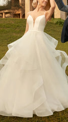 Spaghetti Straps White Ruffles Wedding Dress, A-Line Tulle Party Dress, AST1594 Spaghetti Straps White Ruffles Wedding Dress, A-Line Tulle Party Dress, AST1594