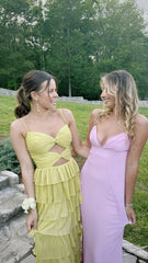 Spaghetti Straps Yellow Tiered Ruffles Long Prom Dress, AST1579 Spaghetti Straps Yellow Tiered Ruffles Long Prom Dress, AST1579