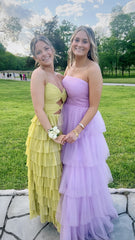Spaghetti Straps Yellow Tiered Ruffles Long Prom Dress, AST1579 Spaghetti Straps Yellow Tiered Ruffles Long Prom Dress, AST1579