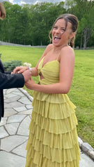 Spaghetti Straps Yellow Tiered Ruffles Long Prom Dress, AST1579 Spaghetti Straps Yellow Tiered Ruffles Long Prom Dress, AST1579