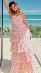 Strapless Pink Ruffle Long Prom Dress, AST1583 Strapless Pink Ruffle Long Prom Dress, AST1583