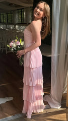 Strapless Pink Ruffle Long Prom Dress, AST1583 Strapless Pink Ruffle Long Prom Dress, AST1583