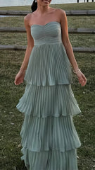 Strapless Pink Ruffle Long Prom Dress, AST1583 Strapless Pink Ruffle Long Prom Dress, AST1583