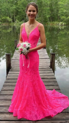 Sweet Pink Lace Mermaid Long Prom Dress,AST1637 Sweet Pink Lace Mermaid Long Prom Dress,AST1637