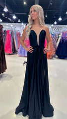 Sweetheart Black Satin Long Prom Dress, AST1568 Sweetheart Black Satin Long Prom Dress, AST1568