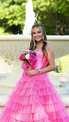 Sweetheart Pink A-Line Long Prom Dress, Tulle Ruffle Evening Gown, AST1534 Sweetheart Pink A-Line Long Prom Dress, Tulle Ruffle Evening Gown, AST1534